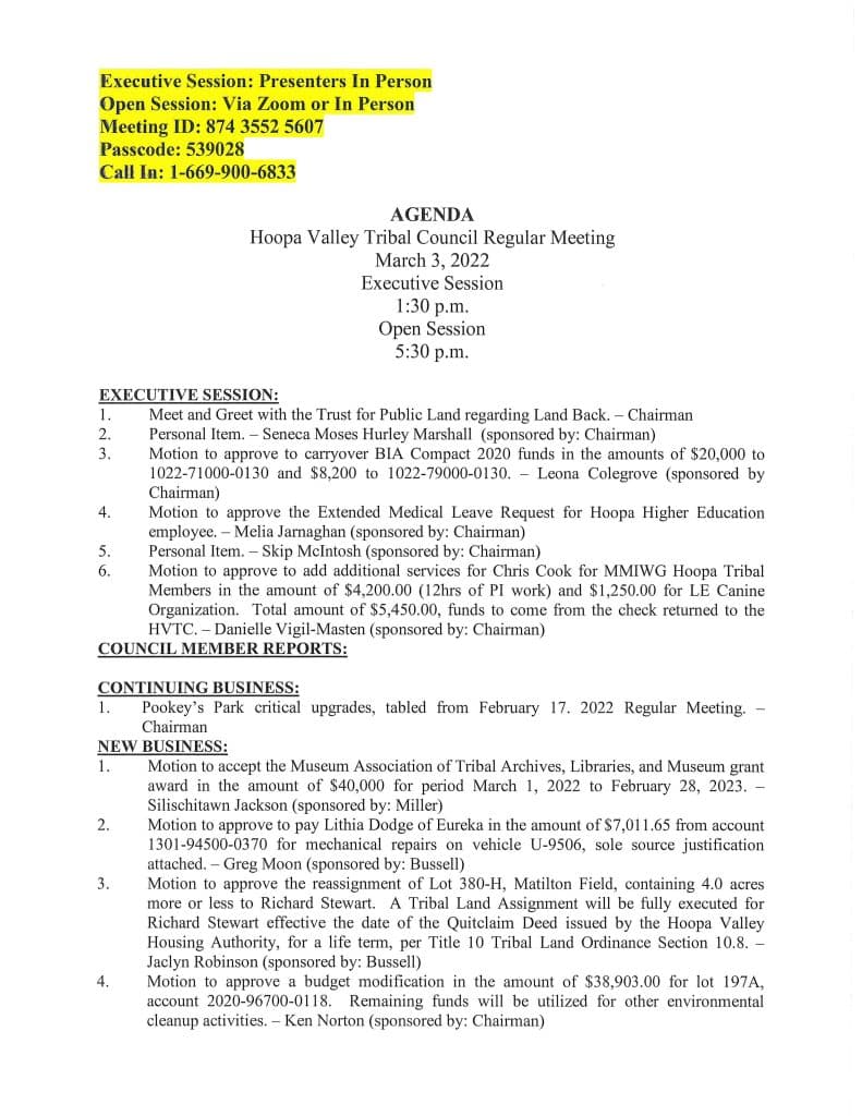 3/3/2022 Meeting Agenda | Hoopa Valley Tribe