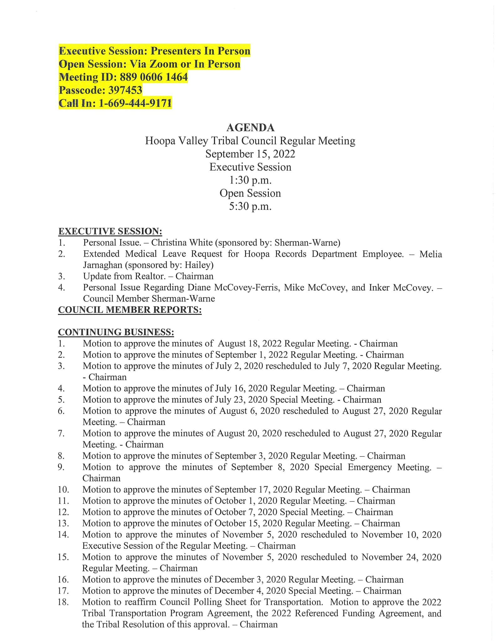9/15/2022 Meeting Agenda | Hoopa Valley Tribe
