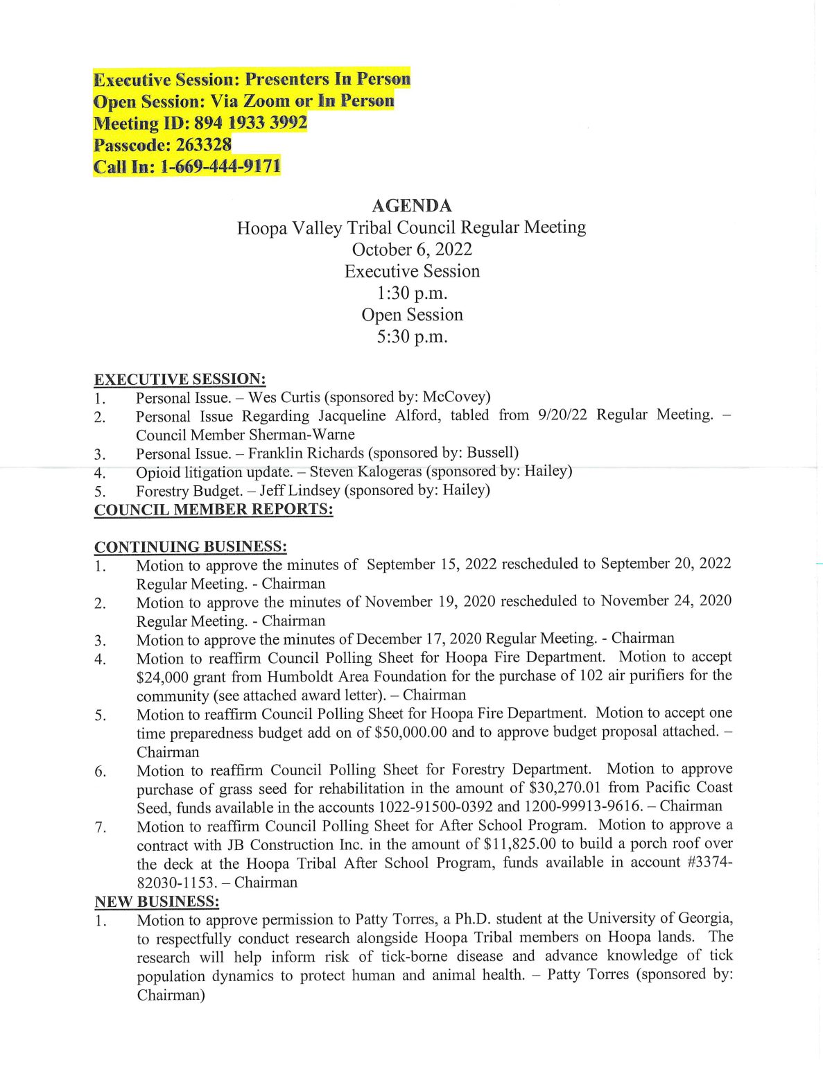10/6/2022 Regular Meeting Agenda | Hoopa Valley Tribe