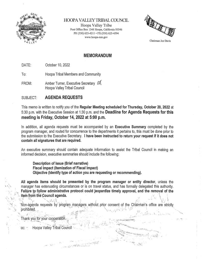10/20/2022 Regular Meeting Agenda Requests | Hoopa Valley Tribe